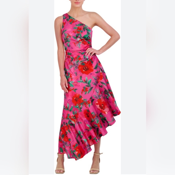 Eliza J  Floral Satin Asymmetric-Hem Midi Dress - Picture 1 of 11
